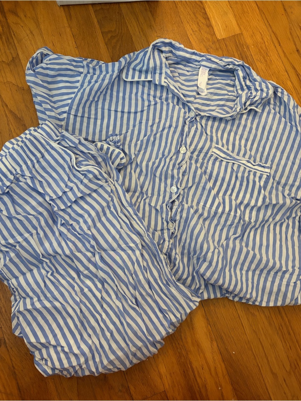 Women’s Blue and White Striped Pajama Set - Lightweight Button-Up Top & Shorts